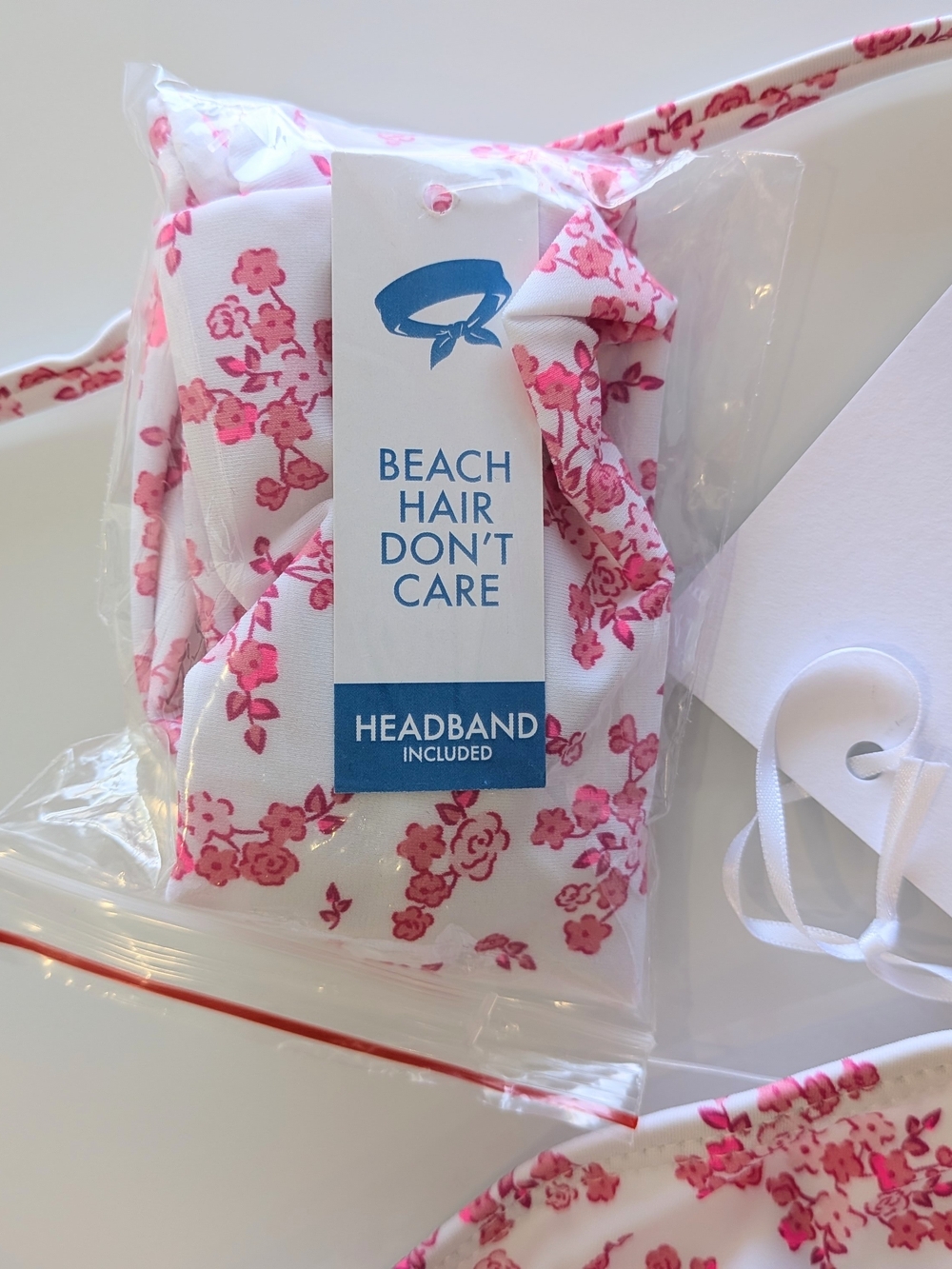Floral Pink White String Bikini 3 Piece Set with Matching Headband New - Picture 8 of 11